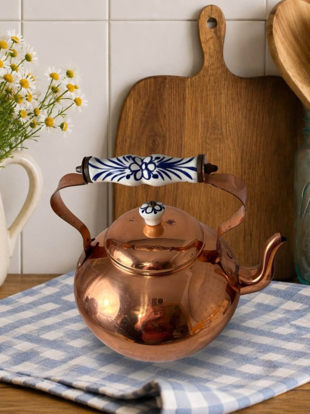 Vintage ODI Solid Copper Tea Kettle Portugal Blue White Porcelain Handle Cottage - Picture 7 of 10
